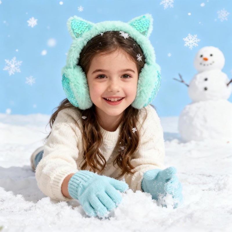 EDCYF Ear Muffs Gloves Set for Kids Girls Winter Ear Muffs Adjustable Sequins Warm Earmuffs Furry Outdoor - Image 2